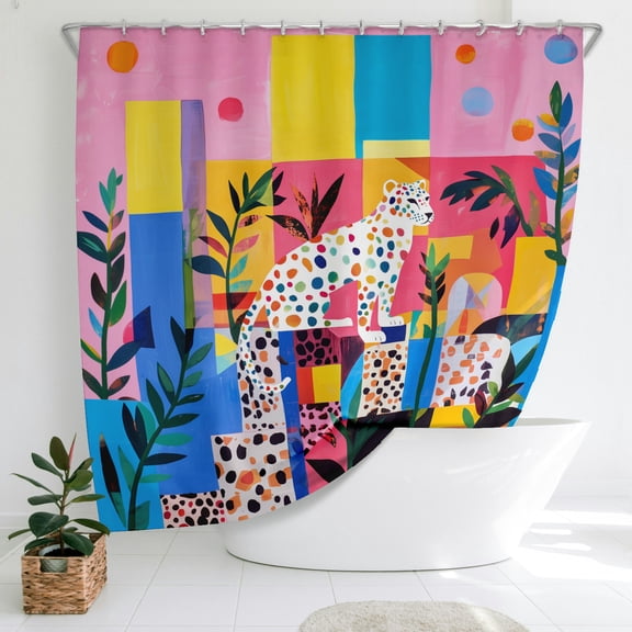 72 x 72 Inch Tropical Leopard Shower Curtain Multicolored Geometric Dot Cheetah Shower Curtain Tropical Animal Decorative Bath Curtain Polyester Fabric Waterproof Bathroom Curtain with 12 Hooks