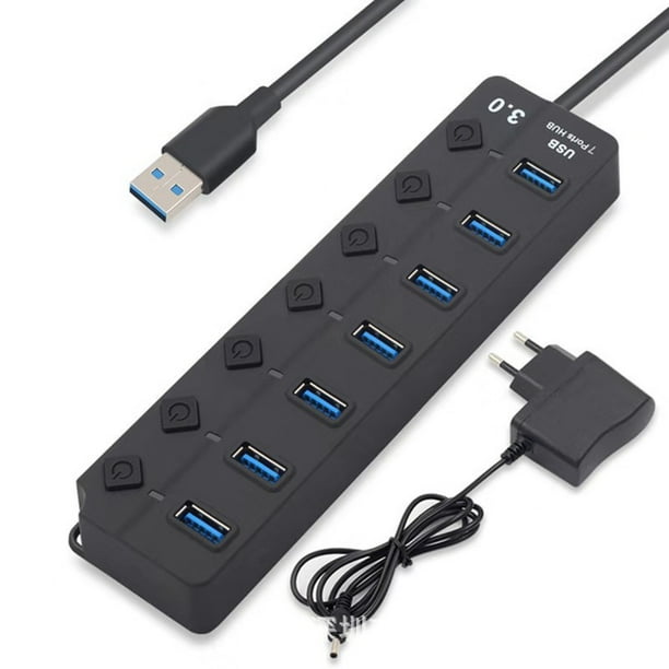 Hub USB Alimenté， Aluminium USB Hub 3.0 à 7 Ports Multiprise USB 3.0 avec  5V/2A Alimentation Externe Multi Port USB Hub, 5 Gbit/s,Commutateurs  Individuels et Indicateur LED-Noir 