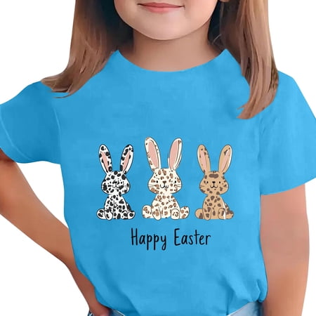 Kids Easter Tees Crew Neck Short Sleeve Festival Print Pullover Tops Holiday Casual Loose Comfy T Shirts (170 Blue)