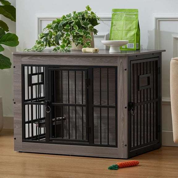 32 Inch Heavy Duty Dog Crate Furniture for Medium/Small Dogs, Decorative Pet House End Table with 3 Doors & Adjustable Bowls, Wooden Cage Kennel Furniture Indoor, Rustic Grey