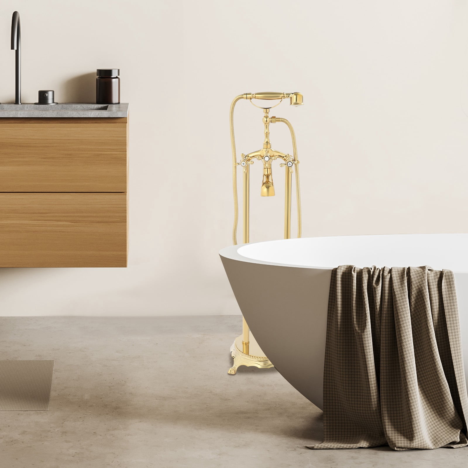 ToppiJoy Freestanding Bathtub Faucet, Tub Filler with Handheld Shower (Gold)