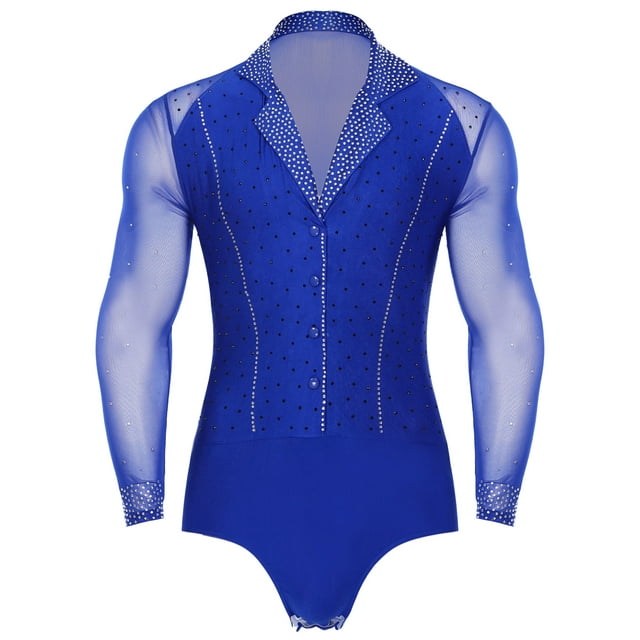 iefiel Barboteuse à Manches Longues pour Hommes Latin Tango Unitard Brillant avec Strass Col à Revers Bleu TTG