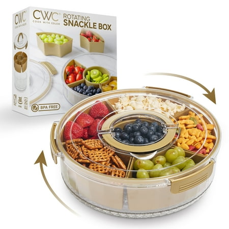 Cook With Color Gold Round Snack Box 6-Compartment Serving Tray with Lid and Handle