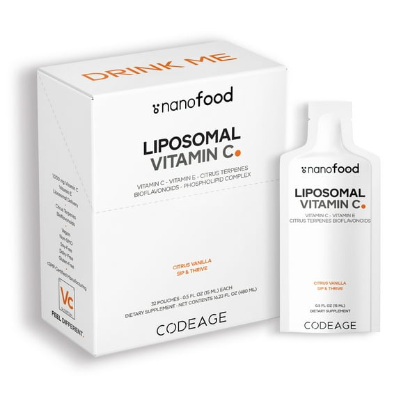 Codeage Nanofood Liposomal Vitamin C Liquid Supplement, Vitamin E, Daily Immune Support, 32 Pouches