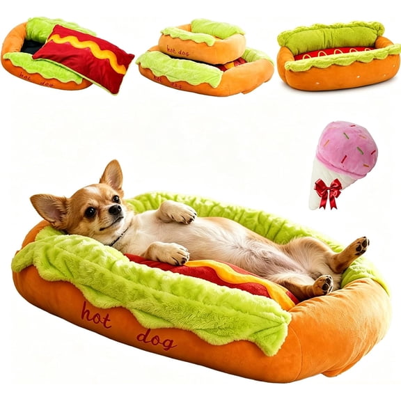 Hot Dog Dog Bed, Hot Dog Pet Bed, Small Bun Dogs and Cats Bed with Non-Slip Bottom Removable & Washable for Small Dogs Cats (Medium)