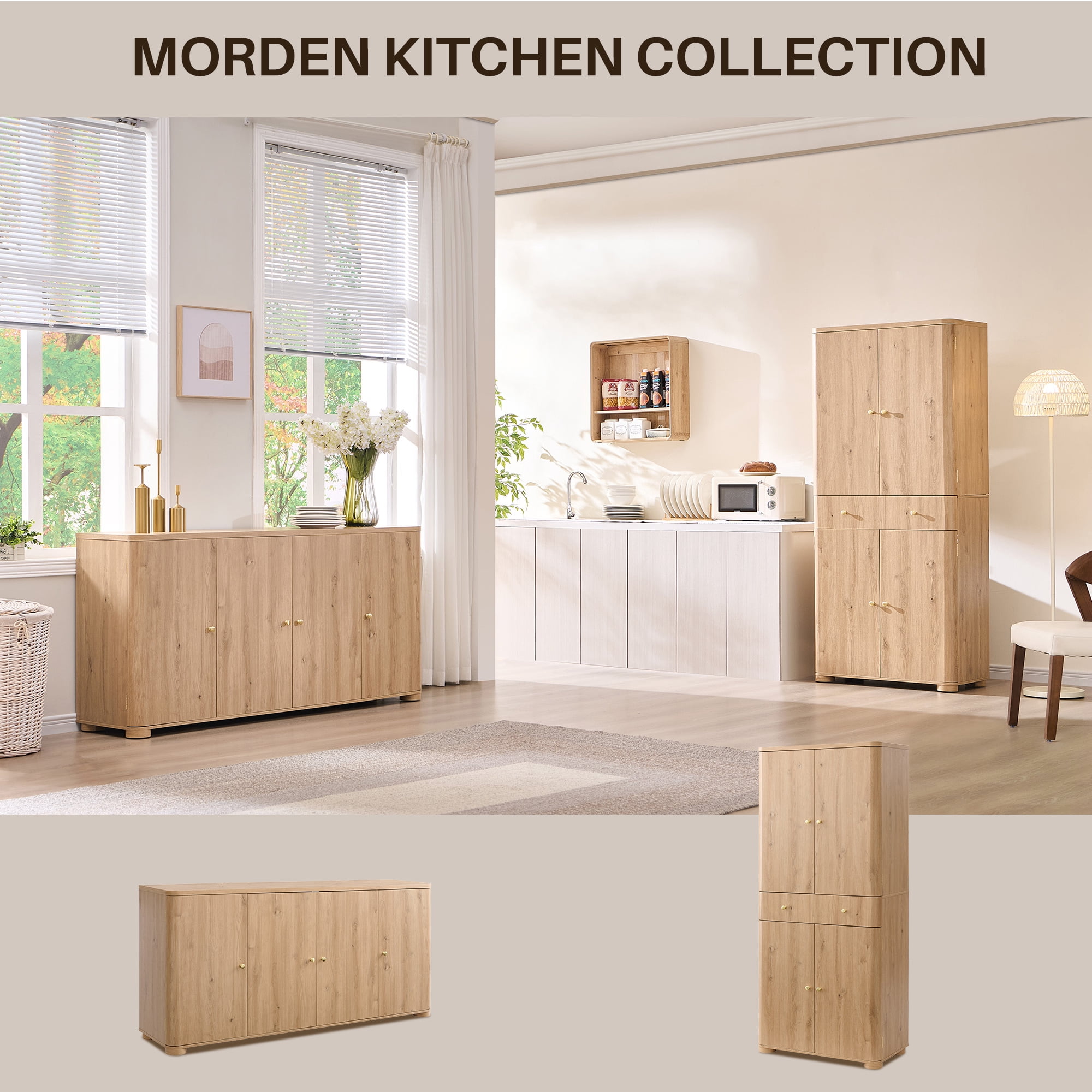 Aitjunz Kitchen Buffet Sideboard Cabinet, 66" Curved Coffee Bar Storage Cabinet with 4 Doors and Shelves for Kitchen, Dining Room, Natural