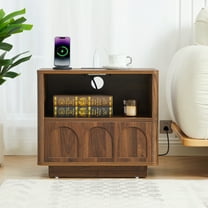 Wirrytor Nightstand, Fluted Bed Side Table with Charging Station, Modern End Side Table for Bedroom Furniture Living Room Sofa, Night Stand with Storage Drawers and Large Open Shelf, brown