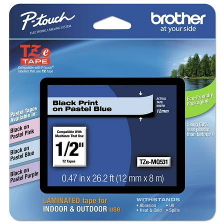 Brother P-Touch TZEMQ531 0.47 in. x 26.2 ft. TZ Standard Adhesive Laminated Labeling Tape - Pastel Blue