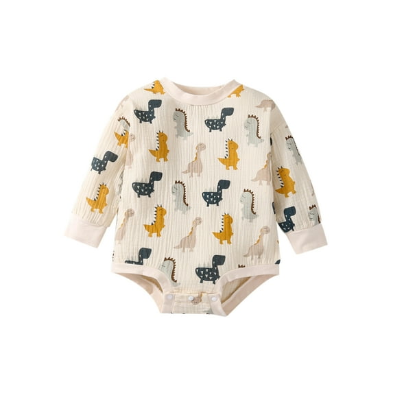 Qiylii Baby Boy Dinosaur Romper, Long Sleeve Crew Neck Rainbow Print Bodysuit