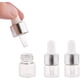 thumbnail image 3 of Paquete de 30 frascos cuentagotas de vidrio transparente de 1 ml para aceites esenciales de ojos, con tapas plateadas y 4 goteros de plástico para muestras de cosmética y aromaterapia., 3 of 7