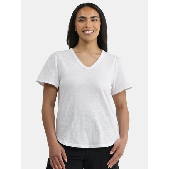 Time and Tru Women's Cotton Mixed Fabric V Neck Tee, Sizes XS-XXXL