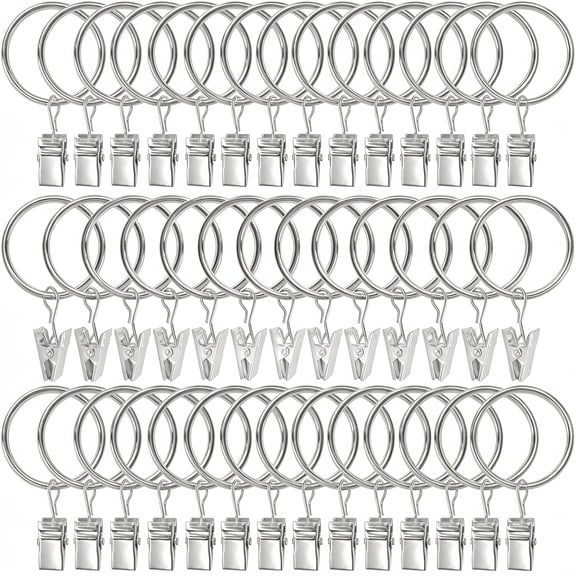40 Pack Silver Curtain Rings with Clips, Polished Metal Curtain Clips with Hooks, Modern Curtain Hangers for Heavy Drapes, Shower Curtains & Modern Home
