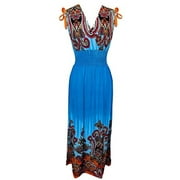 Peach Couture Multicolor Tropical Border Print Maxi Dress Blue Large