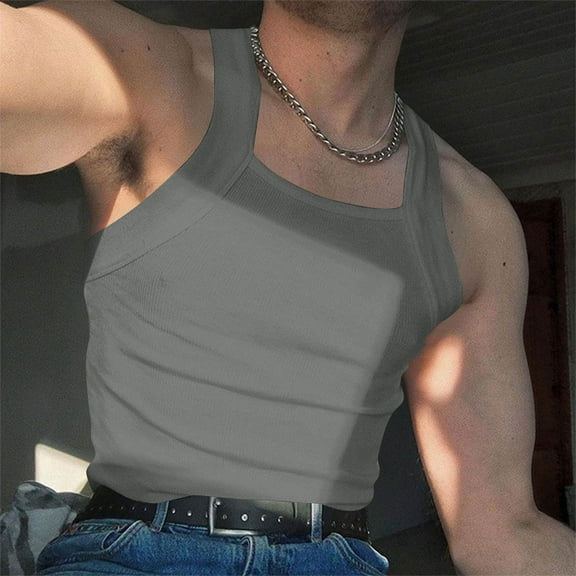 BADHUB 2025 Square Neck Tank Tops for Men Summer Tight Ribbed Strapes Solid Color Lightweight Basic Sleeveless Shirts Gray XXXXL