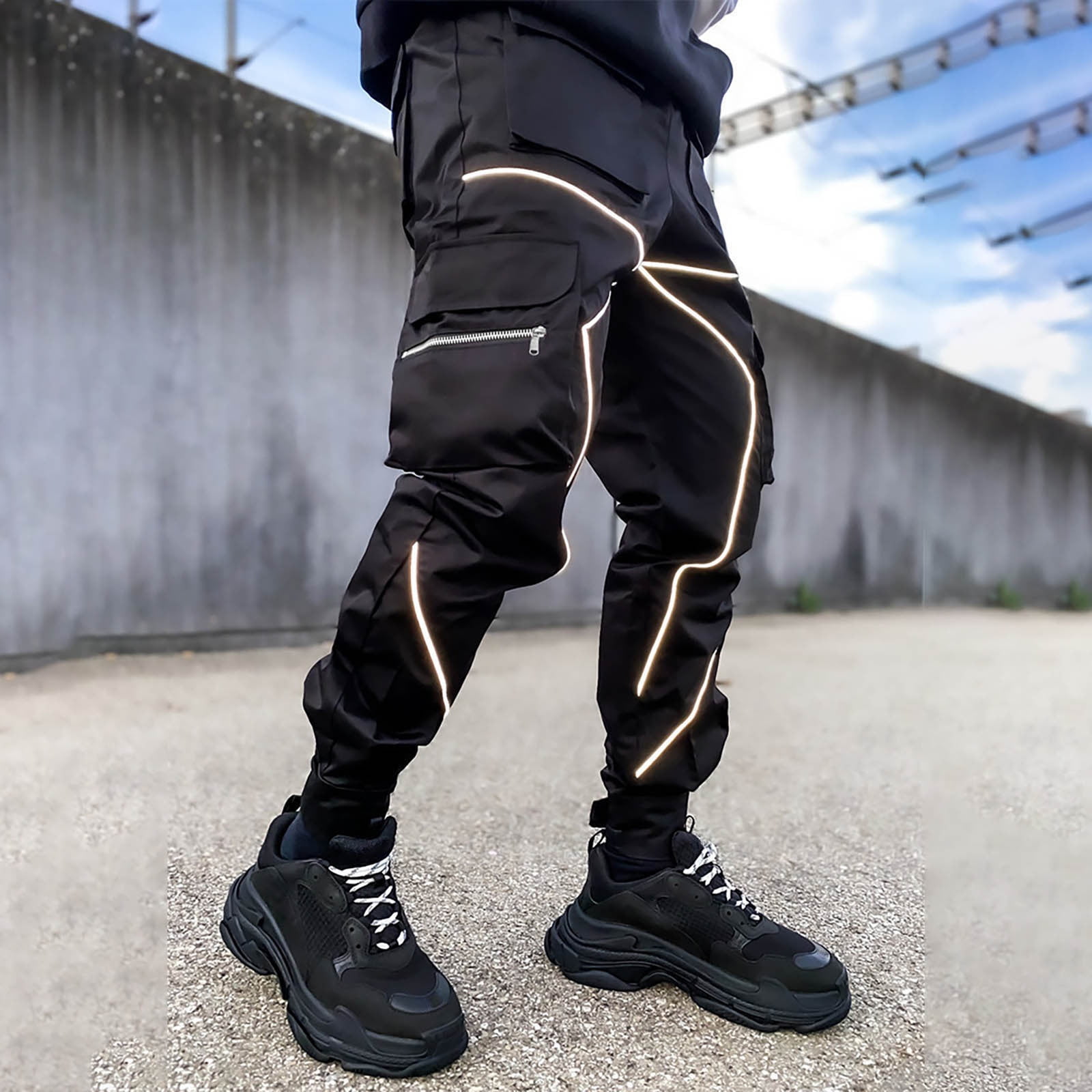MITCOWBOY Mens Casual Pants Men's Pants with Reflective Stripes Work Pants  Men's Functional Wind Pleated Loose Pants Men's Pants Mens Sweat Pants  Joggers for Men Black XXL Clearance！ - Walmart.com