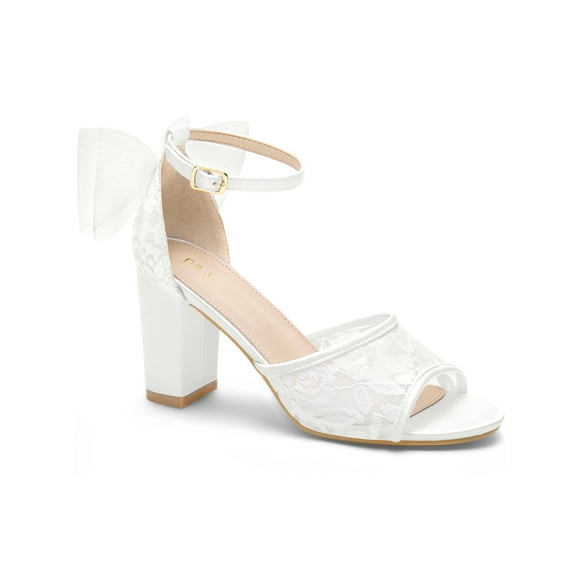 BLISSFUL STEP Edition Women's Chunky Heel Sandals Open Toe Ankle Strap Lace Bow Heels White 8.5
