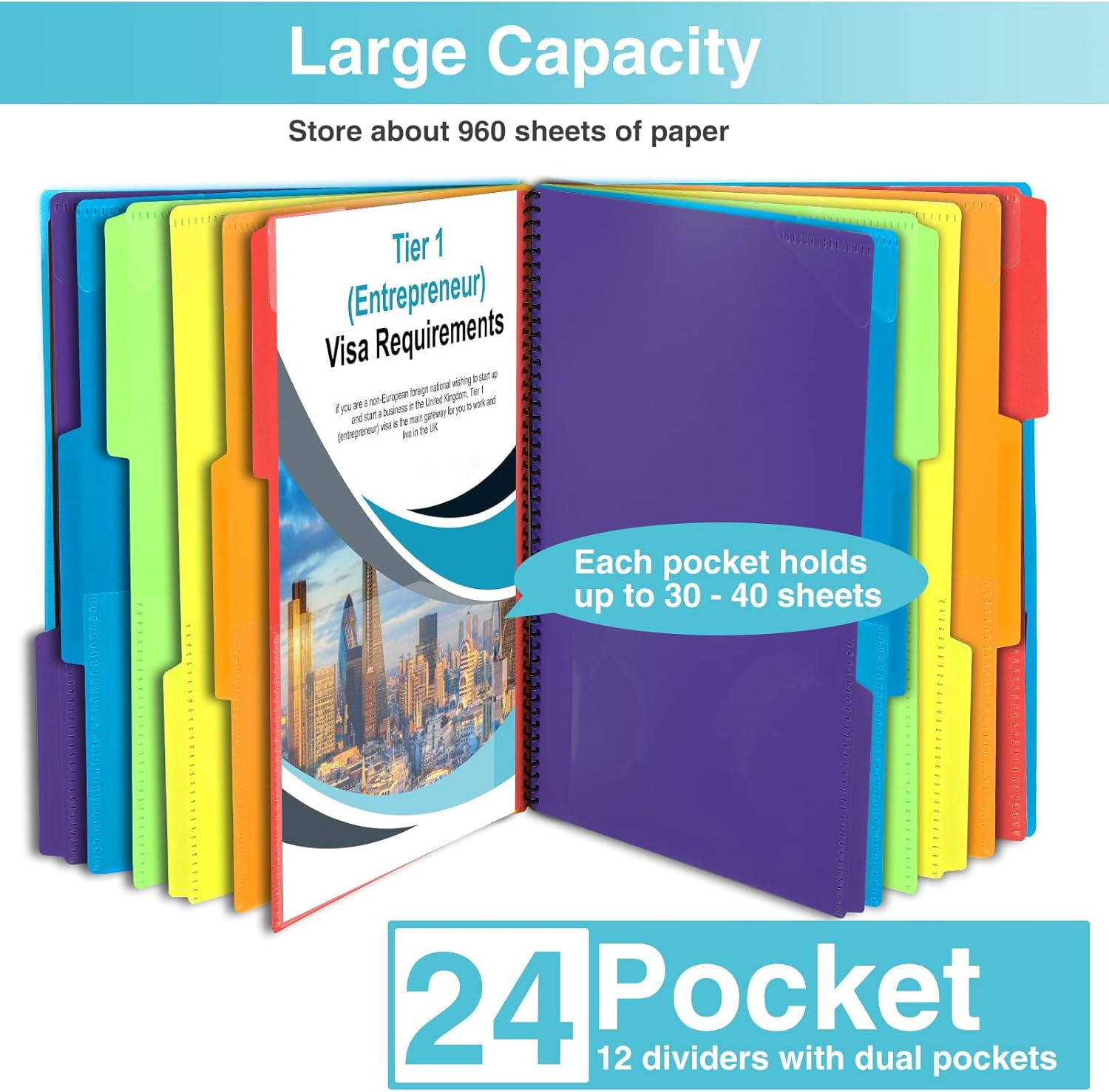 24 Pocket Project Organizer, 1/3-cut Tab Binder Organizer with Sticky Labels, Multi Pocket Folder with Zipper Pouch, Folder Binder Spiral Pocket Notebook, Office Supplies