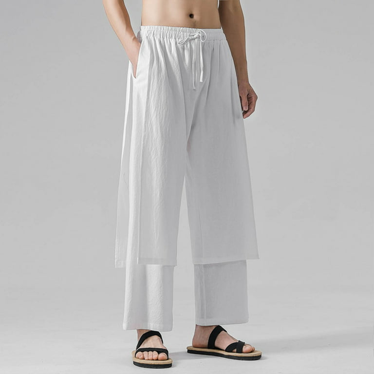 Men's Linen Pants Tang Suit Drawstring Beach Loose Straight Trousers
