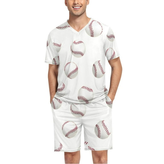 joogoo Men's Pajama Set Baseball on White V-Neck Pj Shorts Set 2 Piece Loungewear Sleepwear L