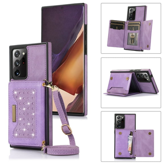Nalacover Wallet Crossbody for Samsung Galaxy Note 20 Ultra Phone Case with Lanyard Strap Credit Card Holder, PU Leather Protective Handbag Purse Kickstand Bling Diamond Cover Women Girl, Purple