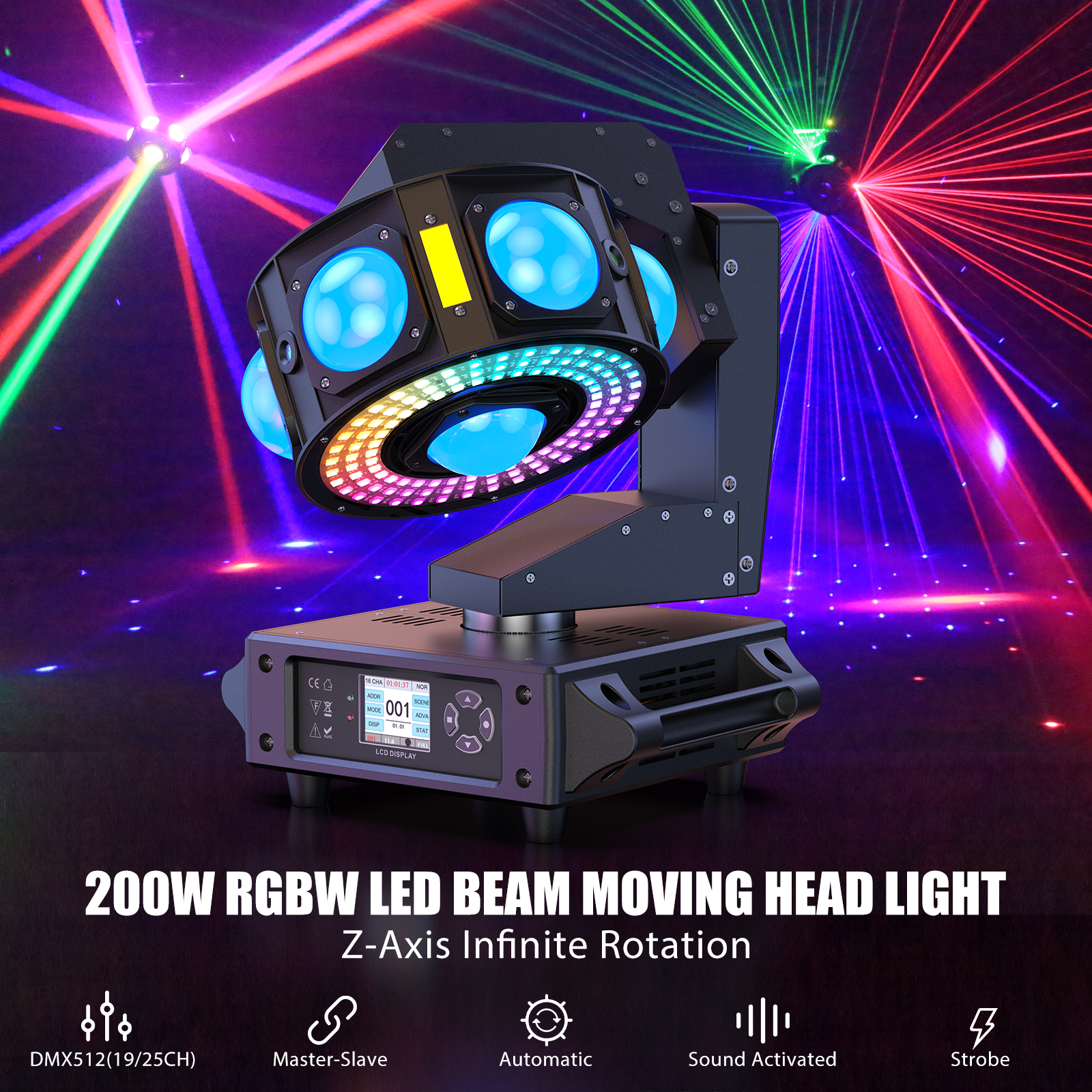 Moving Head Beam Light 200W 108 LEDs RGBW 540°Rotation DJ Light DMX 512 19/25CH with Sound Activated ,Stage Light for Disco Wedding Parties Live Show Bar