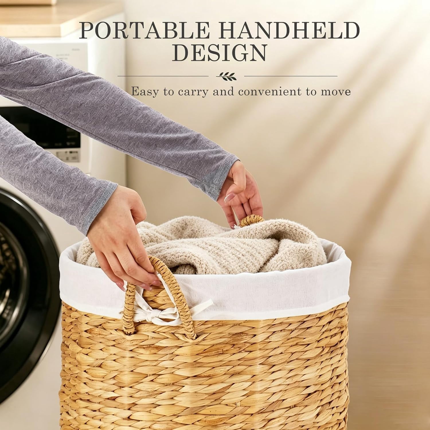 Round Laundry Hamper with Lid, Woven Natural Water Hyacinth, 17.52 in Diameter