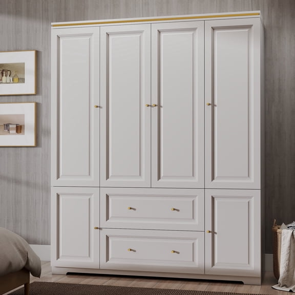 74" Wood Armoire Wardrobe Closet with 4 Doors and 2 Drawers, Clothing Organizer Storage Cabinet with Hanging Rod for Bedroom