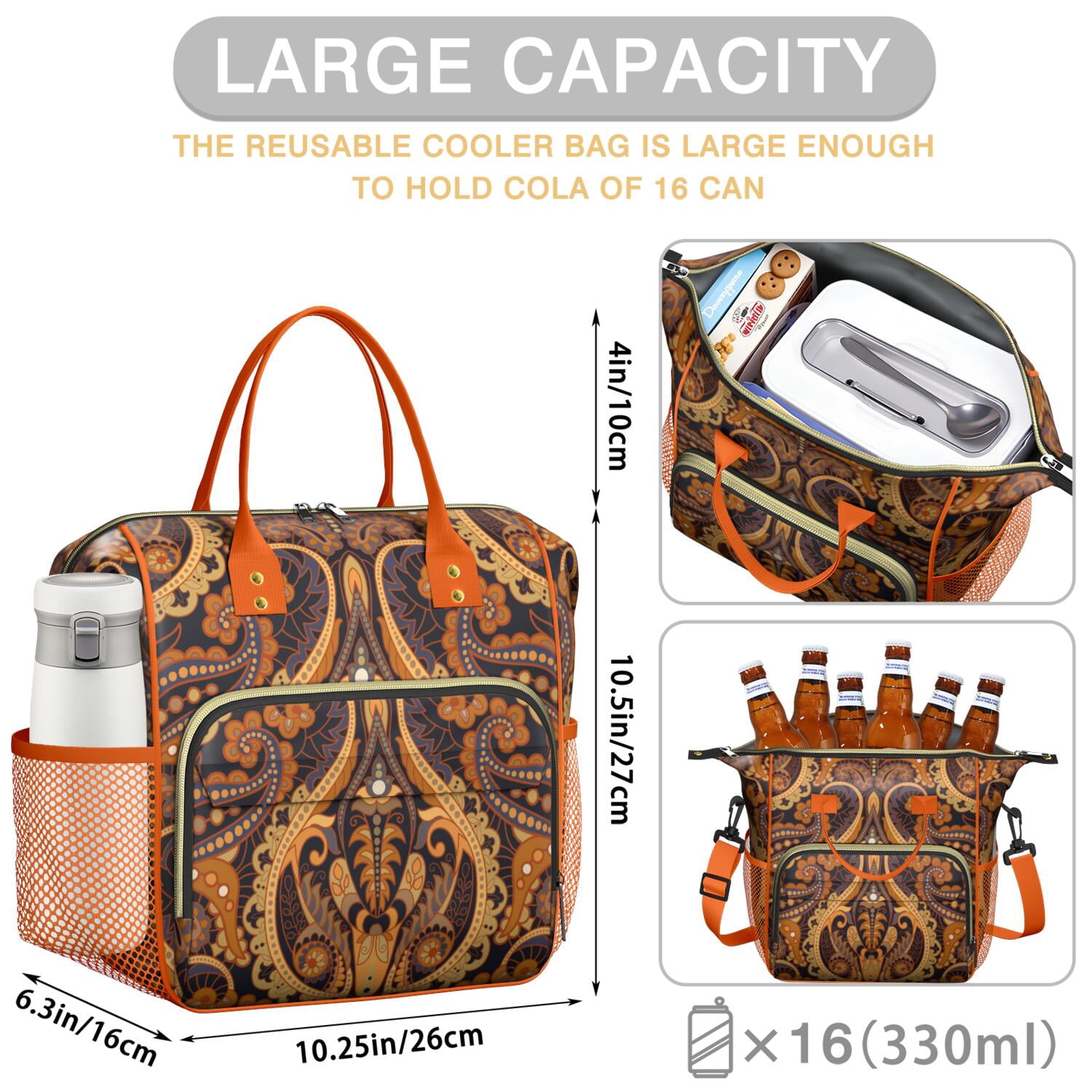 Insulated Lunch Bag with Paisley and Floral Design – Waterproof Large Lunch Box for Women Ideal for Work or Outdoor Picnic