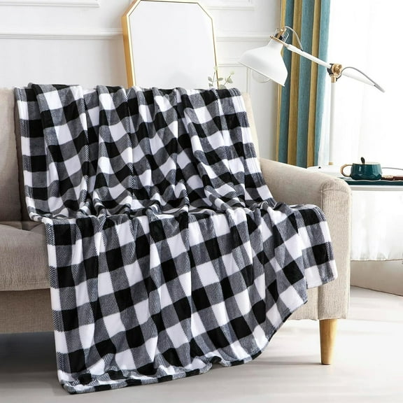 Elegant Comfort Velvet Touch Plush Christmas Holiday Buffalo Plaid Fleece Throw Blanket-50 x 60inch, Buffalo Black