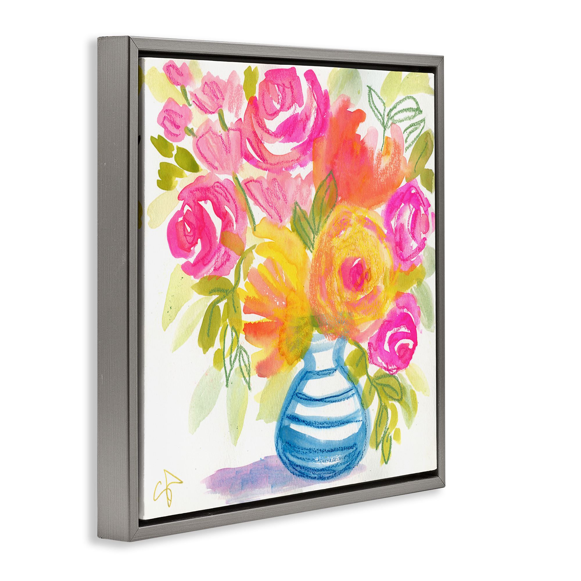 Stupell Industries Pink & Yellow Bouquet Plants & Flowers Painting Gray Floater Framed Canvas Art Print Wall Art, 18 x 18