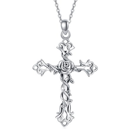 AOVEAO Cross Necklace 925 Sterling Silver Rose Pendant Mecklaces for Women Mom Daughter 18K White Gold Plated Cross Jewelry Birthday Mother's Day Gifts