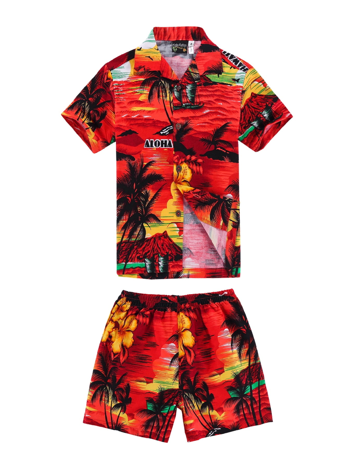 Boy Hawaiian Aloha Luau Shirt and Shorts 2 Piece Cabana Set in Red ...