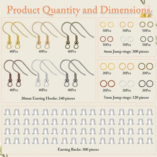 Cridoz 960PCS Earrings Making Supplies Kit with 240PCS Earring Hooks, 420PCS Jump Rings and 300PCS Earring Backs for Earring Making and Repair (Multicolors)