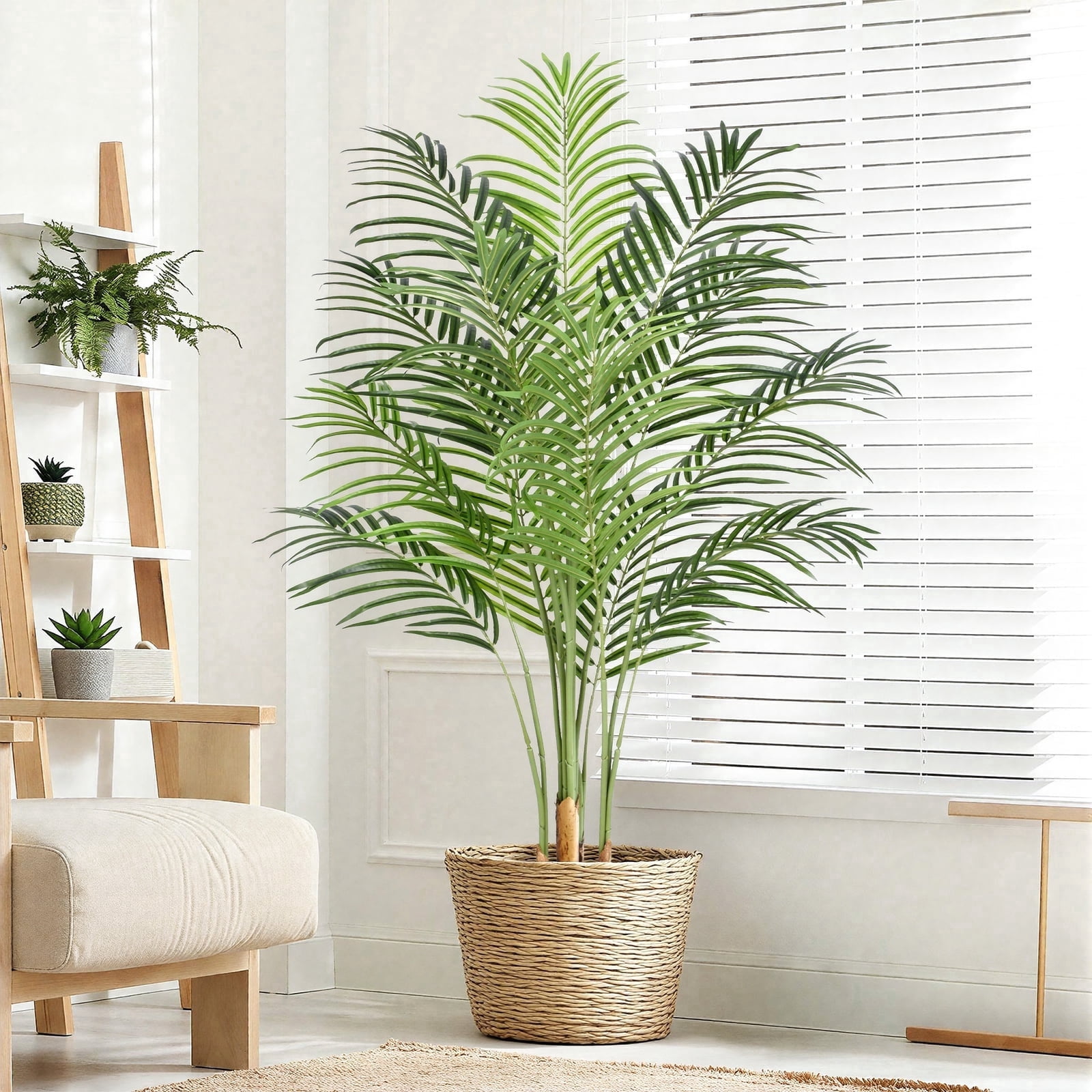 Keeplush 5ft Artificial Palm Tree Indoor Plant Tall Fake Tropical Paradise Palm Tree in Pot with Real Bark Design Faux Areca Palm Tree for Home Office Living Room Bedroom Farmhouse Modern Decor