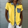 thumbnail image 2 of Miluxas Women's Denim Patchwork Button Down Blouse Short Sleeve Turn Down Collar Top with Pocket Casual Summer Shirts Yellow, 2 of 5