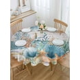 thumbnail image 5 of Marine Life Round Tablecloth 60 inches Vintage Shell Starfish Coral Eucalyptus Leaves Blue Wood Grain Waterproof Oil-Proof Table Cloth Round Table Cover for Holiday Party Picnic Dinner Decor, 5 of 9