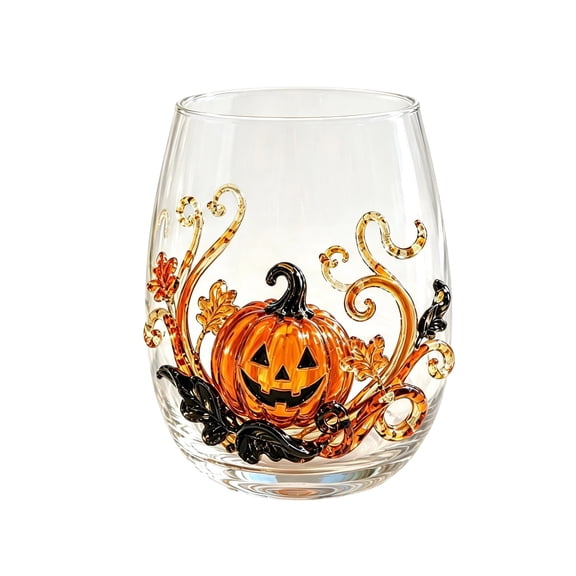 syligr Halloween Cups, Glass Tumbler with Pumpkin Print, Stemless Wine Glass for Party Drinks, Spooky Decor Drinkware for Halloween Celebration, Unique Gift
