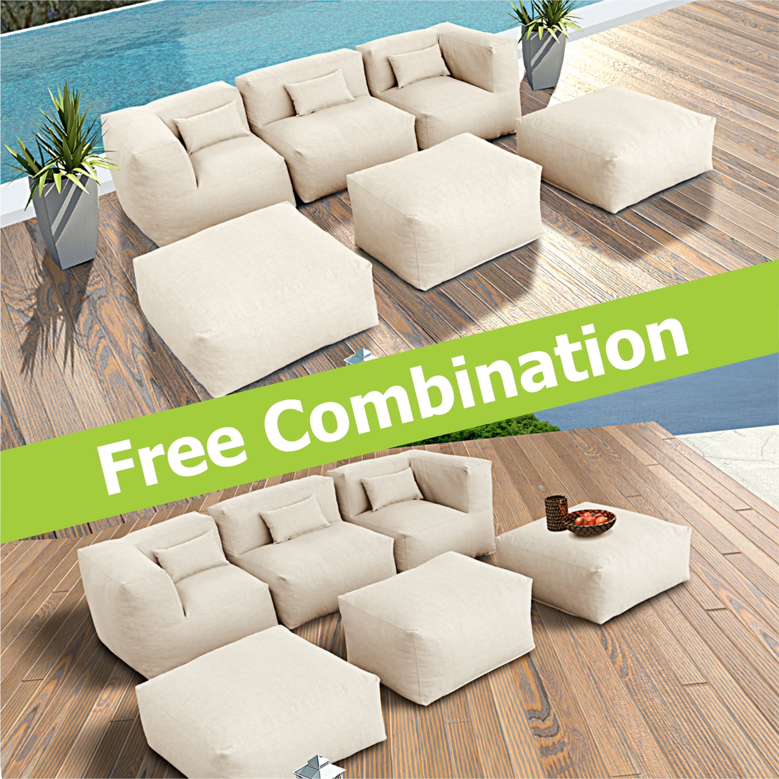 6 Pieces Olefin Patio Conversation Set with Thickened Cushions 5-Seat Outdoor Furniture Set with Bean Bag Chairs (Light Beige)