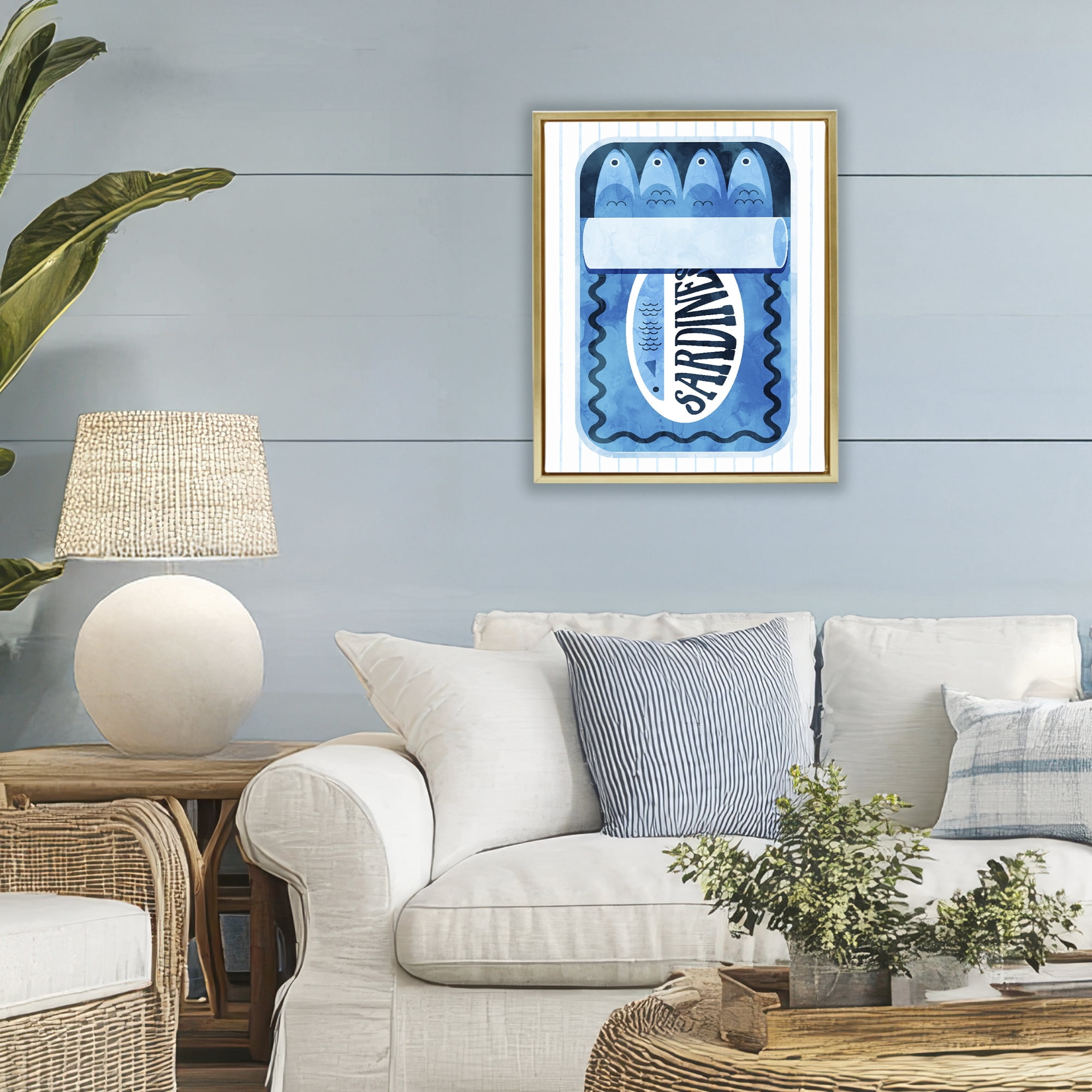 Blue Sardine Tin Over Stripes Gold Framed Floater Canvas Wall Art, design by Daphne Polselli