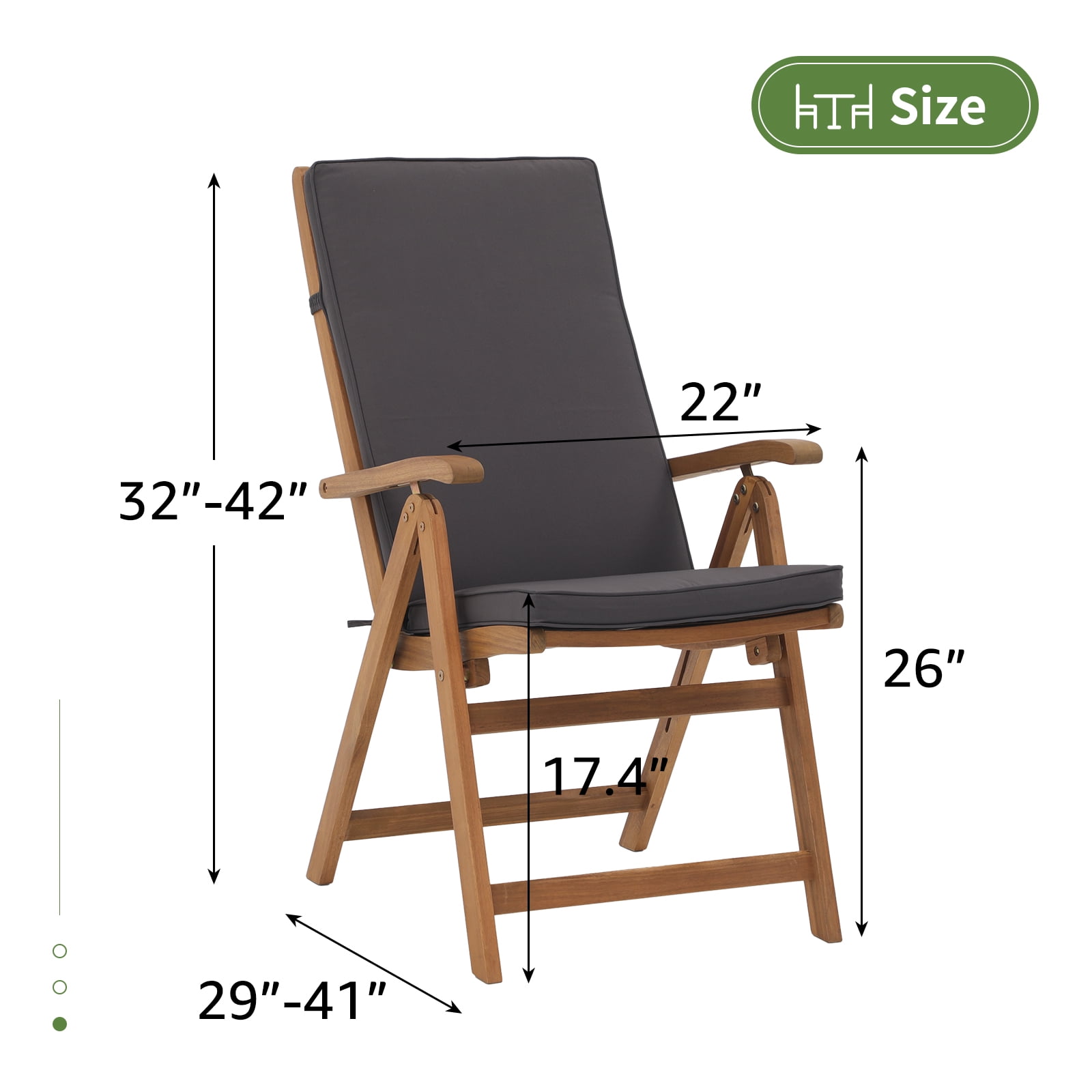 JOIVI Folding Patio Dining Chair Set of 2, Outdoor Acacia Wooden Reclining Chair w/Armrest & Removeable Cushion, FSC Certified Wood No Assembly, Gray Cushion