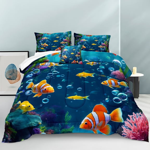 Blue Ocean Comforter Sets 4 Pcs Tropical Fish Bedding Set Colorful Fish Coral Cute Sea Animal Pattern Ocean Sealife Coastal Bedding Comforter Set