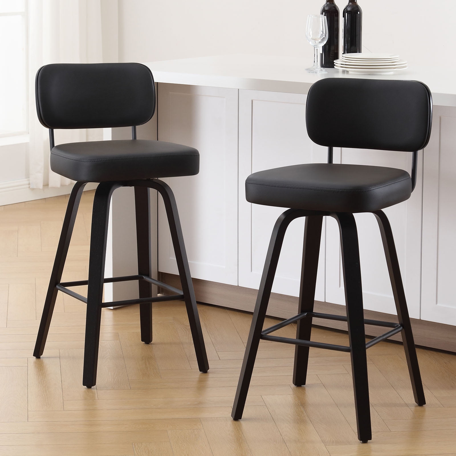 ANMINY Swivel Counter Height Bar Stools, Set of 1, Upholstered Faux Leather Barstools with PU Back, 29" Seat Height Bar Chairs for Kitchen Island, Bentwood Wood Frame