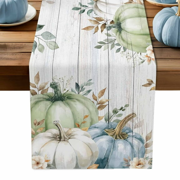 ERUNPONLY Green Blue Pumpkins Fall Table Runner - 72 Inch Long Thanksgiving Eucalyptus Leaves Wooden Cotton Linen Dress Scarves Farmhouse Table Runner for Kitchen Dining, Coffee Table, 16" x 72"