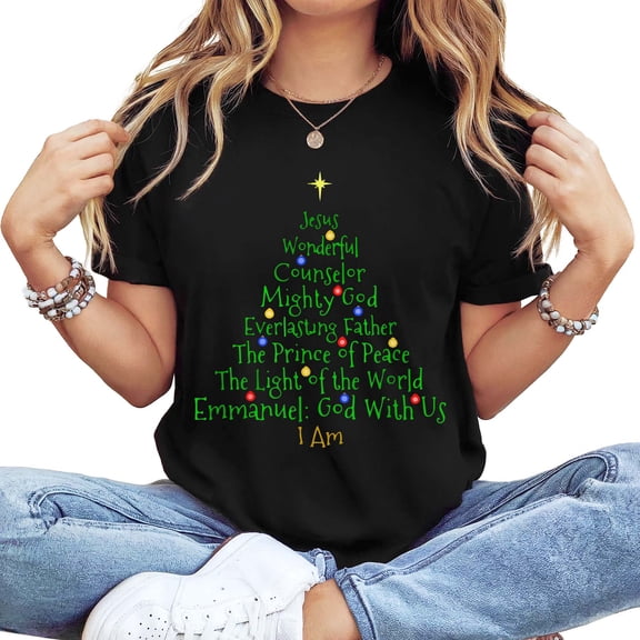 Women's Long Sleeve Crew Neck Christian Christmas Tree Graphic T-Shirt - Faith-Based Holiday Tee