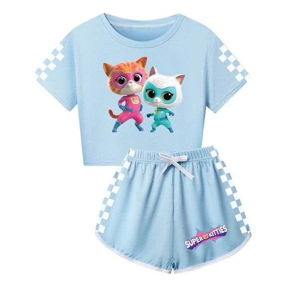 Girls SuperKitties Summer Set – 2-Piece Outfit with Cropped Shirt and Shorts for Children