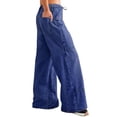 thumbnail image 2 of Elastic Waist Women Drawstring Mid Rise Wide Leg Long Denim Pants Jeans with Pocket, 2 of 5