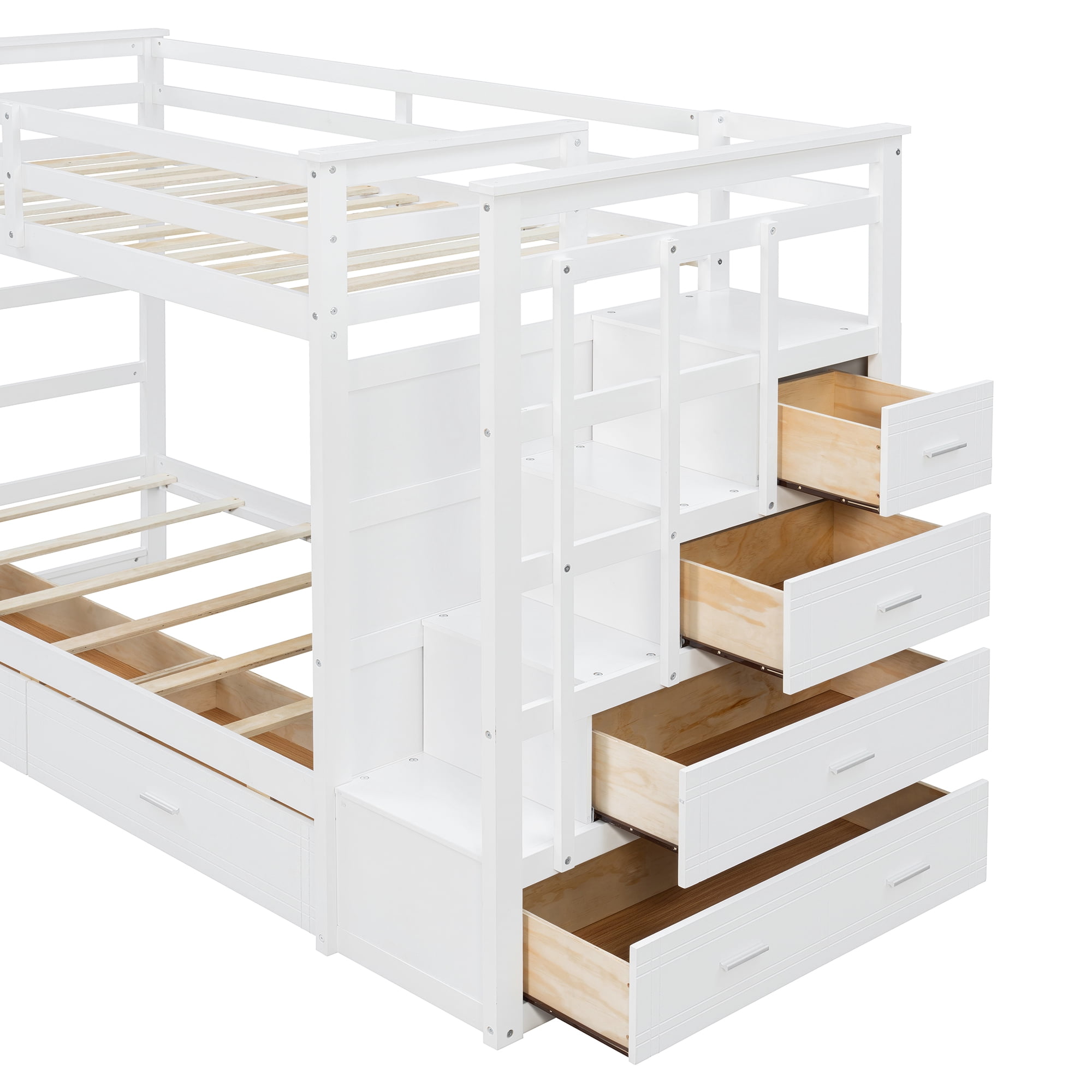 Aukfa Twin over Twin Bunk Bed with 7 Storage Drawers, Wood Bunk Bed with Staircase, Space Saving Design for Kids Bedroom, White