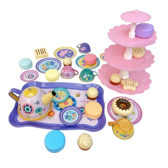 Juego de té de juguetes Juego de juguetes para la hora del té con accesorios para la fiesta del té Juego de té de la casa de juegos Juego de té Conjunto floral 17pcs