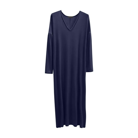 Idoravan Women Solid Color V-Neck Long Sleeves Dress Nightgown Home Furnishings Long Sleepshirts Dark Blue XXXXXL