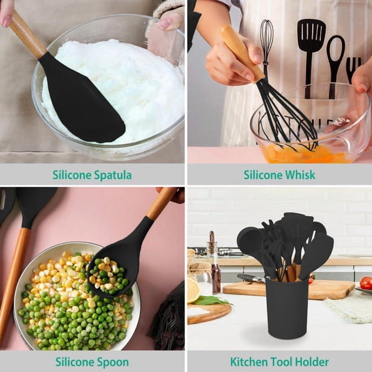 11Pcs Silicone Cooking Utensil Set Heat Resist Wooden Handle Silicone Spatula Ladle Spaghetti Server Tongs Spoon Egg whisk Kitchenware Set w/ Holder Black